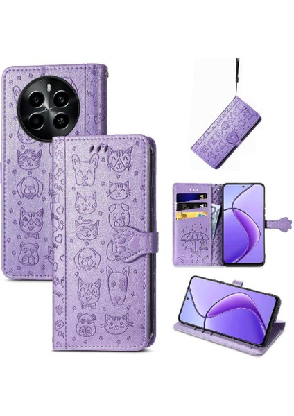 Realme 13 Flip Kapak Karikatür Hayvanlar Için Kılıf Kısa Kayış Deri Kılıf (Yurt Dışından)