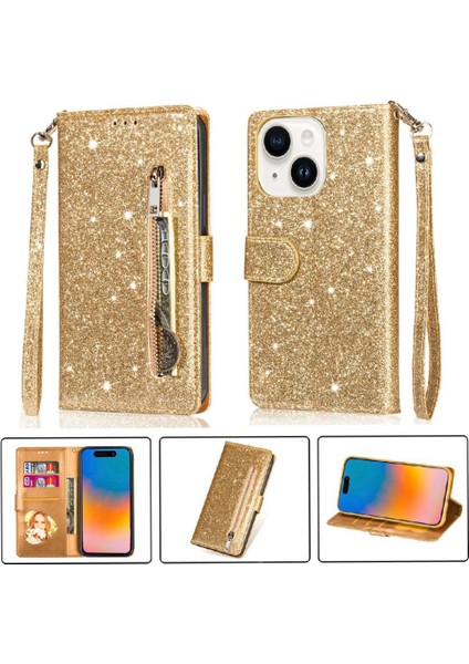 IPhone 15 Için Fermuar Cep Durumda Artı Glitter Cüzdan Kılıf Manyetik Pu (Yurt Dışından)