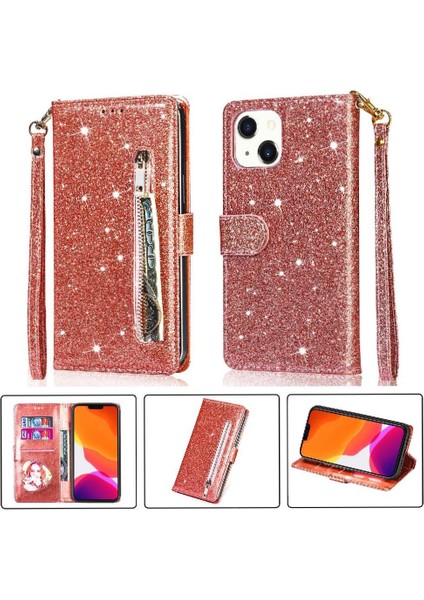 IPhone 14 Için Fermuar Cep Durumda Artı Pu Deri Kart Tutucu Glitter Vaka (Yurt Dışından)