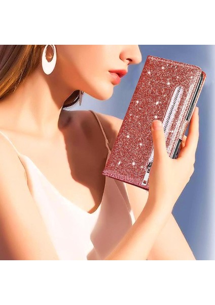 IPhone 14 Için Fermuar Cep Durumda Artı Pu Deri Kart Tutucu Glitter Vaka (Yurt Dışından)