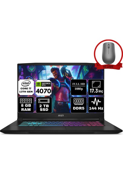 Msı Katana 17 Intel Core I7 13620H 8gb 2tb SSD RTX4070/8GB Freedos 17.3" Fhd 144Hz Taşınabilir Bilgisayar B13VGK-1287XTR & Anzar Mouse B13VGK1287XTRA3