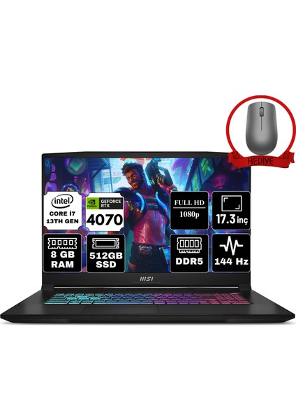 Msı Katana 17 Intel Core I7 13620H 8gb 512GB SSD RTX4070/8GB Windows 11 Home 17.3" Fhd 144Hz Taşınabilir Bilgisayar B13VGK-1287XTR & Anzar Mouse B13VGK1287XTRA33