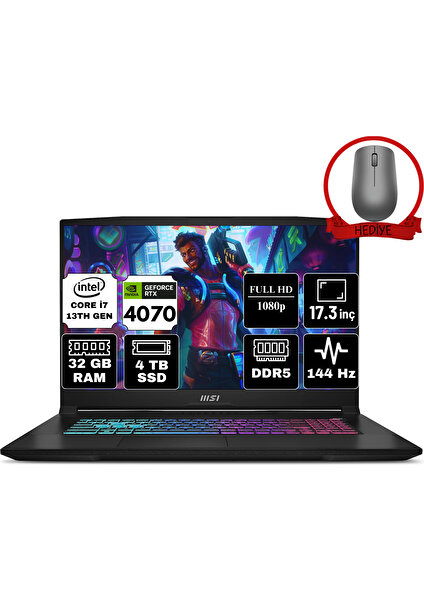 Msı Katana 17 Intel Core I7 13620H 32GB 4tb SSD RTX4070/8GB Freedos 17.3" Fhd 144Hz Taşınabilir Bilgisayar B13VGK-1287XTR & Anzar Mouse B13VGK1287XTRA16