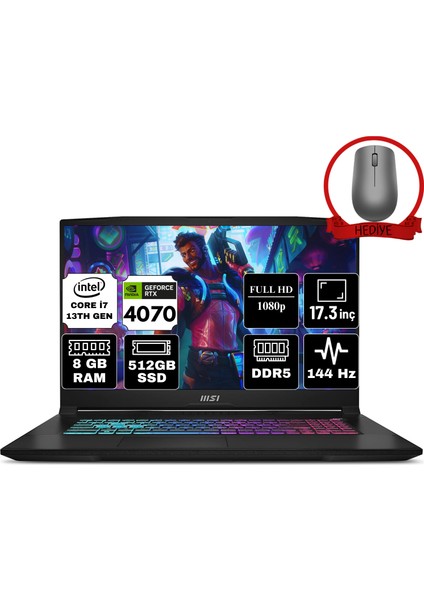 Msı Katana 17 Intel Core I7 13620H 8gb 512GB SSD RTX4070/8GB Windows 11 Pro 17.3" Fhd 144Hz Taşınabilir Bilgisayar B13VGK-1287XTR & Anzar Mouse B13VGK1287XTRA65