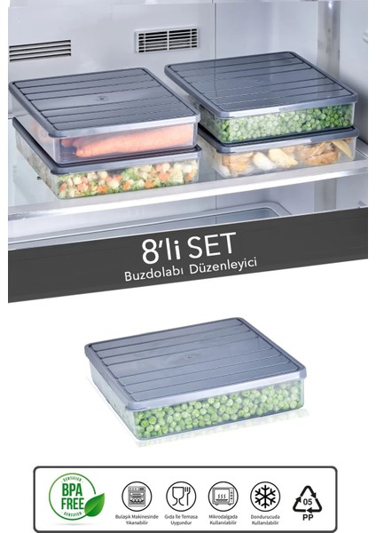 8 Adet Buzdolabı Düzenleyici - Difriz Saklama Kabı Seti - Mikrodalga Uyumlu Organizer 8 X2500 ml