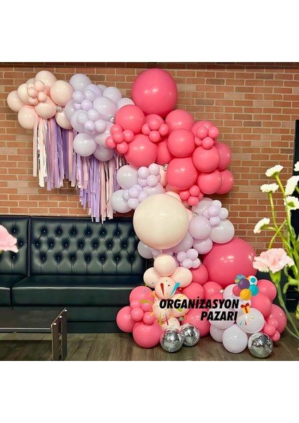 Balon Seti Mercan-Makaron Lila-Retro Beyaz 100 Lü Balon Zinciri Seti