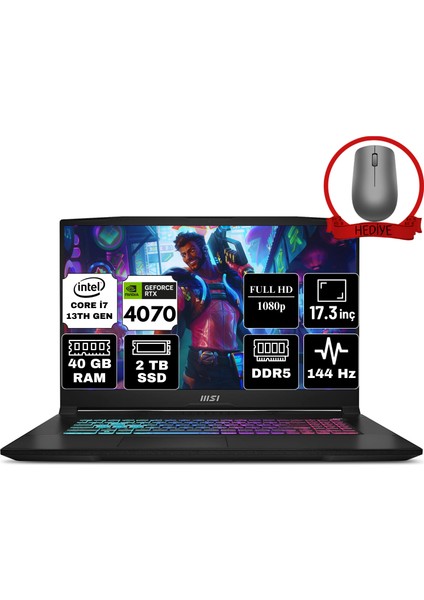 Msı Katana 17 Intel Core I7 13620H 40GB 2tb SSD RTX4070/8GB Windows 11 Pro 17.3" Fhd 144Hz Taşınabilir Bilgisayar B13VGK-1287XTR & Anzar Mouse B13VGK1287XTRA83