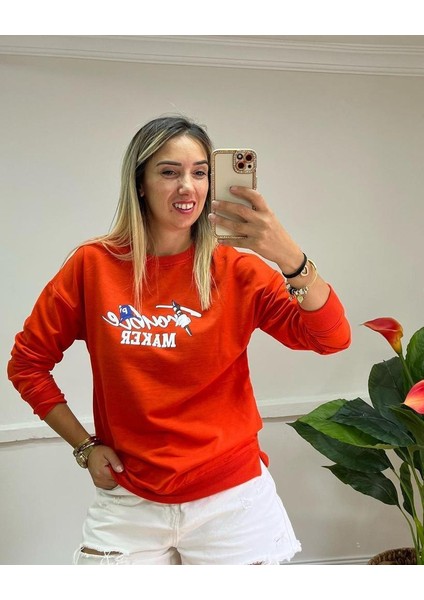 Önü ve Arkası Baskılı 2 Iplik Pamuklu Kumaş Bisiklet Yaka Sweatshirt