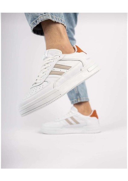 Bağcıklı Unisex Ortopedik Snaker Spor Ayakkabı Kadın-Beyaz-Oranj