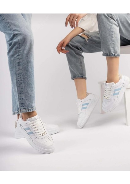 Bağcıklı Unisex Ortopedik Snaker Spor Ayakkabı Kadın-Beyaz-Mavi