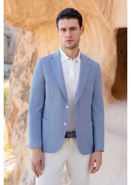 Erkek Mavi Dokuma Slim Fit Torba Cep Mono Yaka Spor Ceket