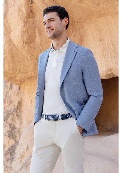 Erkek Mavi Dokuma Slim Fit Torba Cep Mono Yaka Spor Ceket