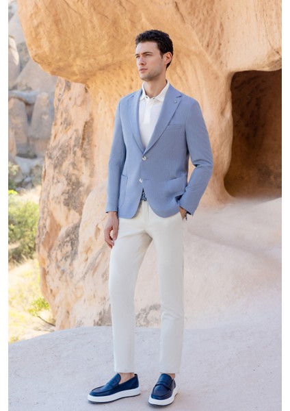 Erkek Mavi Dokuma Slim Fit Torba Cep Mono Yaka Spor Ceket