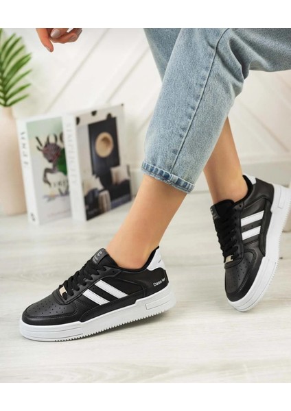 Bağcıklı Unisex Ortopedik Snaker Spor Ayakkabı Kadın-Siyah-Beyaz