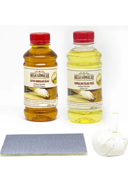 Doğal Ahşap Cila Seti Şeffaf Gomalak 250 ml + Cila Yağı 250 ml + Sürme Topu + Zımpara