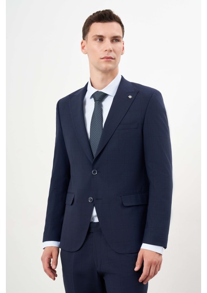 Erkek Lacivert Yünlü Platinium Ekoseli Slim Fit Mono Yaka Takım Elbise