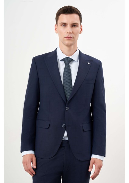 Erkek Lacivert Yünlü Platinium Ekoseli Slim Fit Mono Yaka Takım Elbise fiyatları