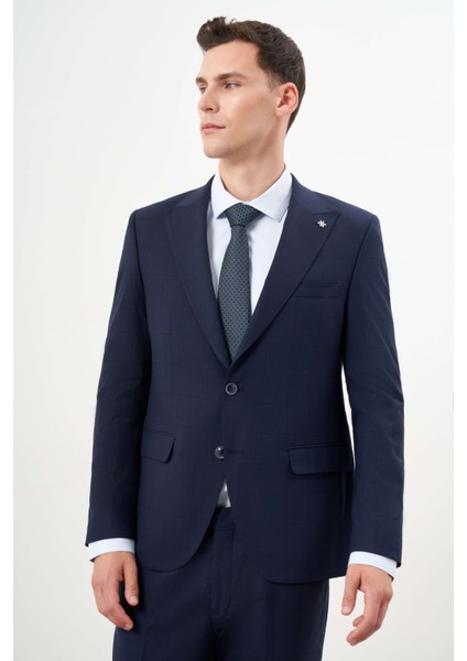 Erkek Lacivert Yünlü Platinium Ekoseli Slim Fit Mono Yaka Takım Elbise modelleri