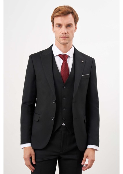 Erkek Siyah Poliviskon Basic Yelekli Jakar Desen Slim Fit Sivri Yaka Takım Elbise