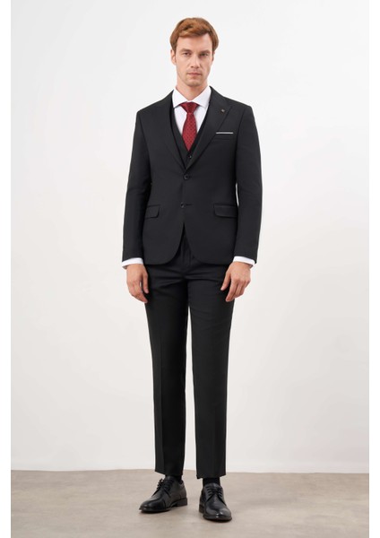 Erkek Siyah Poliviskon Basic Yelekli Jakar Desen Slim Fit Sivri Yaka Takım Elbise