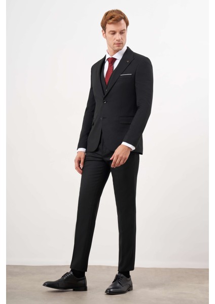 Erkek Siyah Poliviskon Basic Yelekli Jakar Desen Slim Fit Sivri Yaka Takım Elbise
