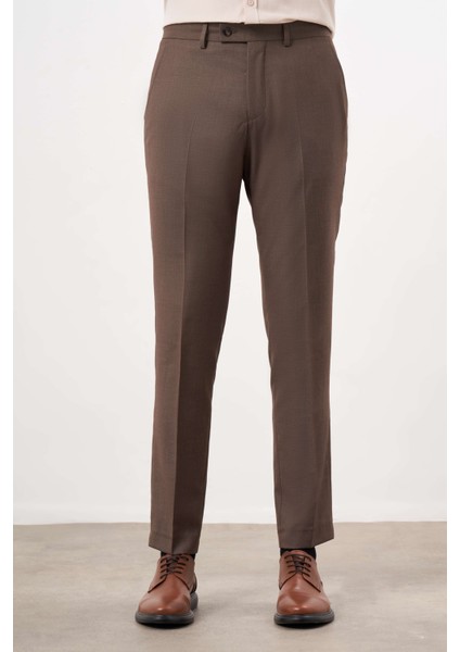 Erkek Kahve Poliviskon Basic Düz Desen Slim Fit Classic Pantolon