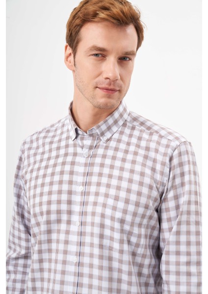 Erkek Kahve Pamuk Ekoseli Düğmeli Yaka Regular Fit Gömlek fiyatları