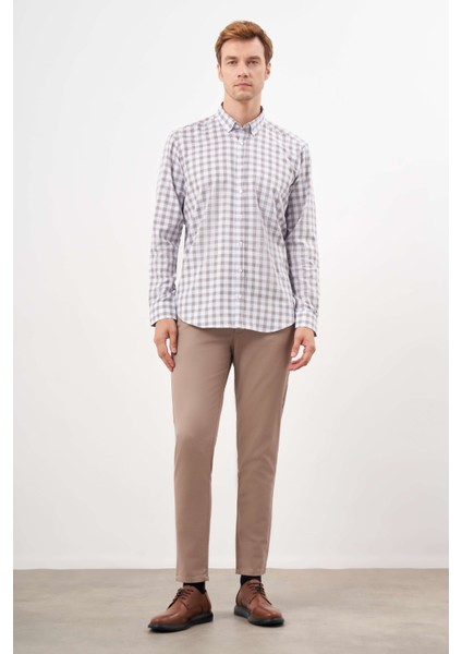 Erkek Kahve Pamuk Ekoseli Düğmeli Yaka Regular Fit Gömlek modelleri