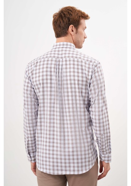 Erkek Kahve Pamuk Ekoseli Düğmeli Yaka Regular Fit Gömlek indirimleri