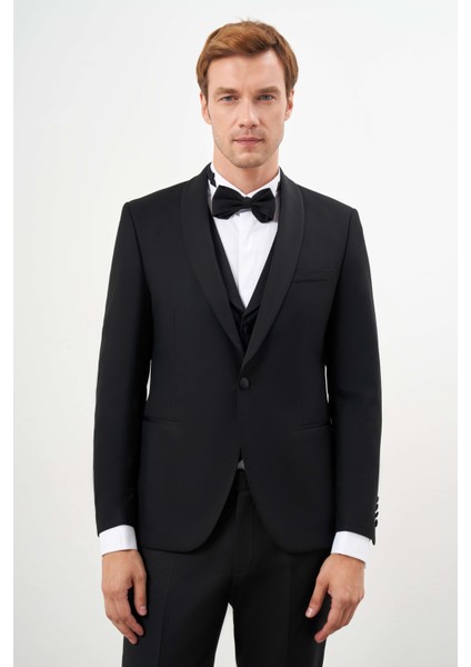 Erkek Siyah Poliviskon Ceromonia Santorini Slim Fit Şal Yaka Damatlık