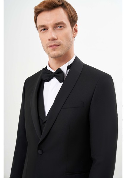 Erkek Siyah Poliviskon Ceromonia Santorini Slim Fit Şal Yaka Damatlık modelleri