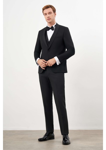 Erkek Siyah Poliviskon Ceromonia Santorini Slim Fit Şal Yaka Damatlık fırsatları