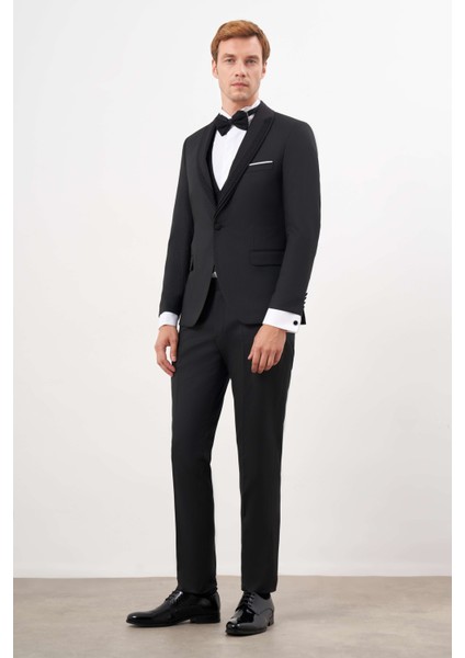 Erkek Siyah Poliviskon Ceromonia Jakar Desen Slim Fit Şal Çıkma Yaka Damatlık fiyatları