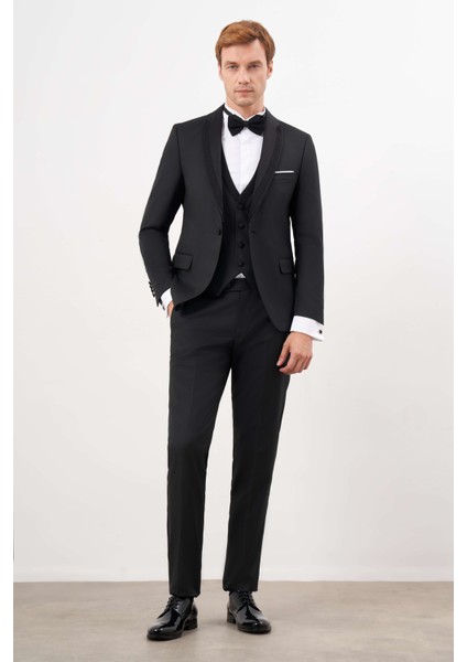 Erkek Siyah Poliviskon Ceromonia Jakar Desen Slim Fit Şal Çıkma Yaka Damatlık modelleri