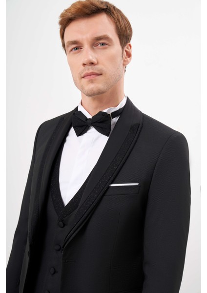 Erkek Siyah Poliviskon Ceromonia Jakar Desen Slim Fit Şal Çıkma Yaka Damatlık fırsatları