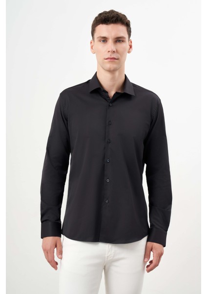 Erkek Siyah Basic Düz Desen Italyan Yaka Slim Fit Gömlek