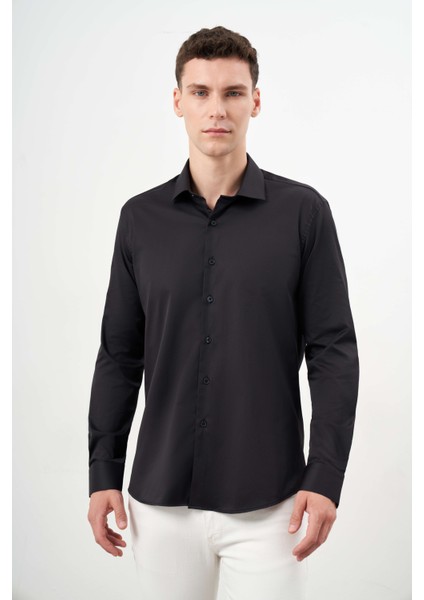 Erkek Siyah Basic Düz Desen Italyan Yaka Slim Fit Gömlek