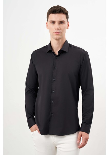 Erkek Siyah Basic Düz Desen Italyan Yaka Slim Fit Gömlek