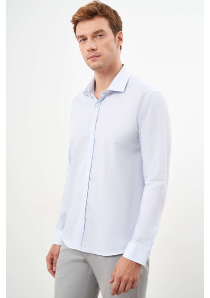 Erkek A. Mavi Pamuk Desenli Italyan Yaka Slim Fit Gömlek