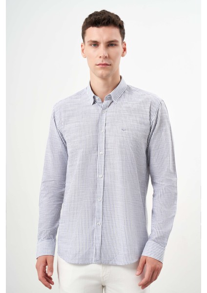 Erkek Gri Pamuk Çizgili-Panolu Italyan Yaka Slim Fit Gömlek