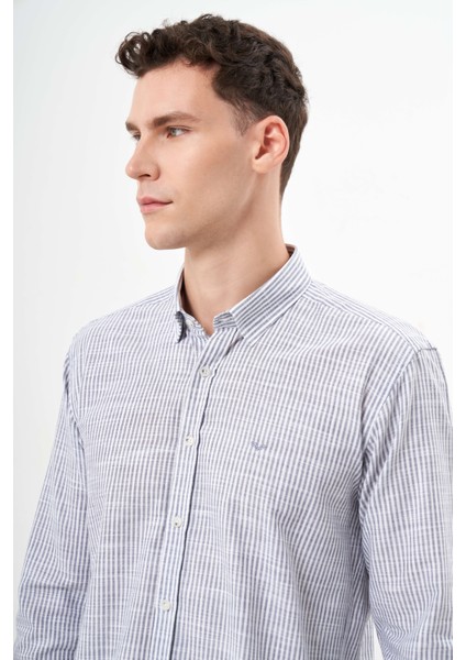 Erkek Gri Pamuk Çizgili-Panolu Italyan Yaka Slim Fit Gömlek modelleri