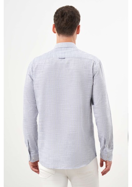 Erkek Gri Pamuk Çizgili-Panolu Italyan Yaka Slim Fit Gömlek indirimleri