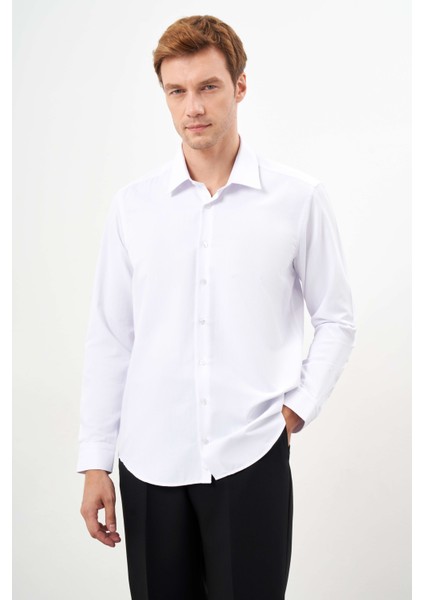 Erkek Beyaz Basic Düz Desen Sert Yaka Regular Fit Gömlek fiyatları