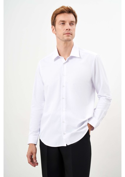 Erkek Beyaz Basic Düz Desen Sert Yaka Regular Fit Gömlek modelleri