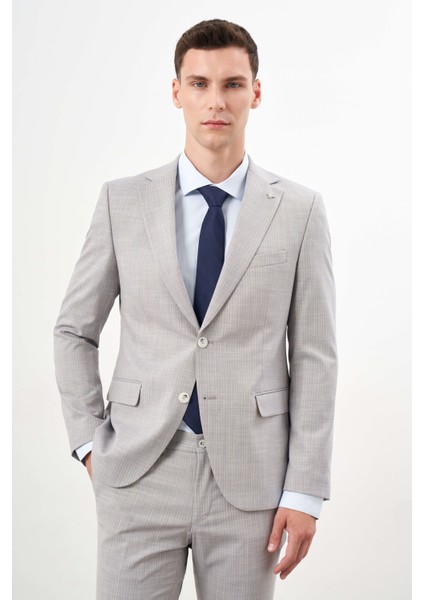 Erkek A. Mavi Poliviskon Trend Çizgili Desen Slim Fit Mono Yaka Takım Elbise