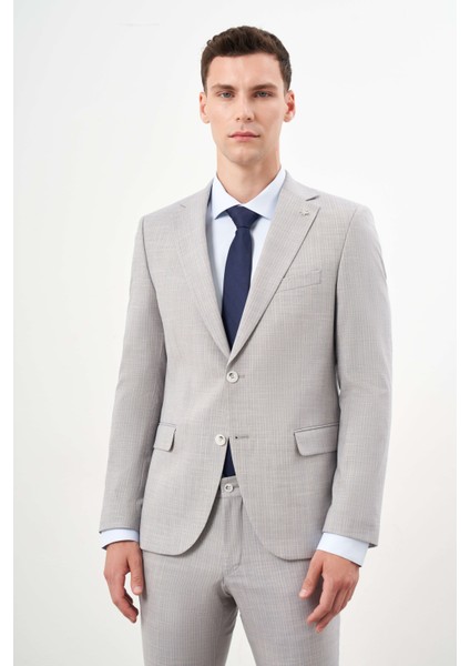 Erkek A. Mavi Poliviskon Trend Çizgili Desen Slim Fit Mono Yaka Takım Elbise