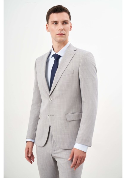 Erkek A. Mavi Poliviskon Trend Çizgili Desen Slim Fit Mono Yaka Takım Elbise