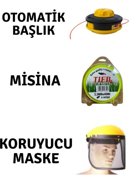 Motorlu Tırpan Seti Koruyucu Maske-Otomatik Başlık-Misina