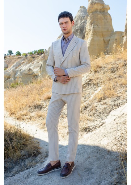 Erkek Bej Keten Trend Kruvaze Slim Fit Sivri Yaka Takım Elbise