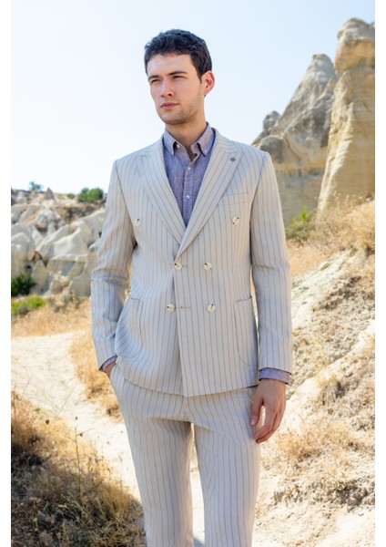 Erkek Bej Keten Trend Kruvaze Slim Fit Sivri Yaka Takım Elbise fiyatları